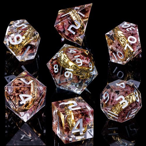 ORIFANTOU Magic Lord of The Rings DND Dice Set Sharp Edge Resin Dice with Case, Pink Flower D&D Dice RPG Role Playing Games, Dungeons and Dragons D and D Dice Polyhedral Dice Set D20 D12 D10 D8 D6