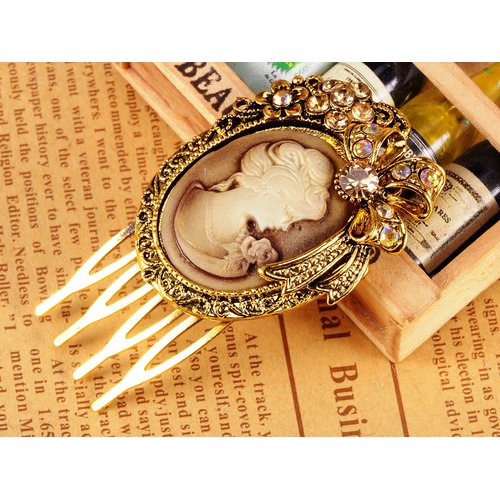 ALILANG Gold Tone Topaz Rhinestones Victorian Lady Cameo Maiden Prom Hair Comb