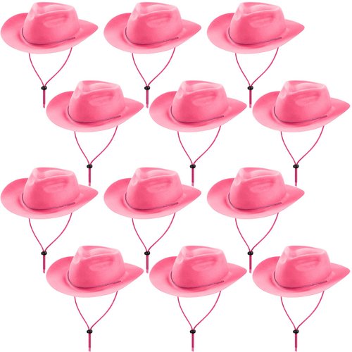 Hicarer 12 Pieces Western Cowboy Hat Set Plastic Felt Wide Brimmed Felt Cowgirl Party Hats for Men Women Adult Costume Party(Pink)
