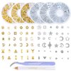DANNEASY 3d Nail Charms Metal Nail Art Studs Gold Nail Jewels Silver Hollow Star Moon Shell Flower Manicure Decoration Salon with 1pc Curved Tweezers, Wax Pen (6 Wheels)