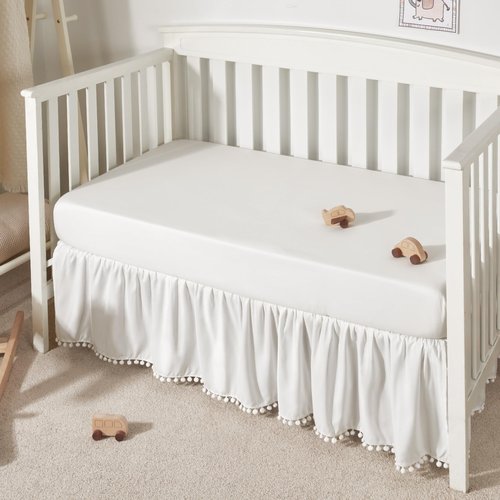 TILLYOU Ruffled Crib Skirt with Pompoms, Microfiber Nursery Crib Toddler Bedding Skirts for Baby Boys Girls, 14'' Drop, White