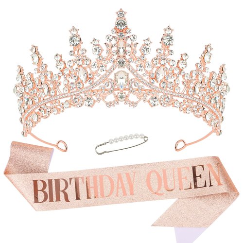 CURASA Birthday Sash and Crown for Women Rose Gold Birthday Queen sash Birthday Tiara for Little Girls Rhinestone Birthday Queen Crowns for Women Kids Birthday Decorarions for Gifts Birthday Party