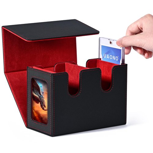 UAONO Deck Box with Dual Commander Displays, Card Storage Box Holds 250+ Single-Sleeved Cards, Trading Card Box Suitable for CCG, MTG, EDH（Black&Red）