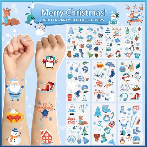 Totelux 100Pcs Winter Temporary Tattoos for Kids Christmas Fake Tattoos Cute Snowflakes Snowman Penguin Tattoo Stickers for Adult Face Body Arm Decoration Christmas Holiday Party Supplies Blue