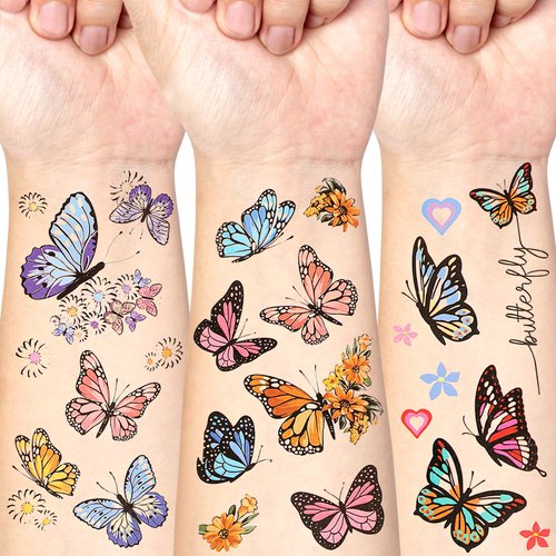 10 Sheets Butterflies and Flowers Temporary Tattoos for Women Girls, Waterproof Fake Butterfly Tattoo Stickers, Colorful Butterfly Sexy Temporary Tattoos Wrist for Body Chest Hand Arm Leg Decals