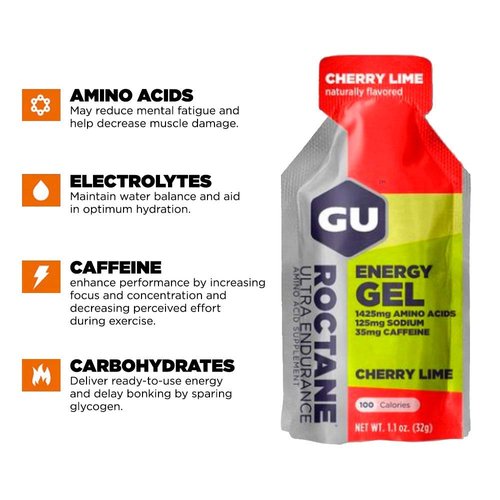 GU Energy Roctane Ultra Endurance Energy Gel, Vegan, Gluten-Free, Kosher, and Dairy-Free On-The-Go Sports Nutrition for Running, Biking, Hiking or Skiing, 24-Count, Cherry Lime