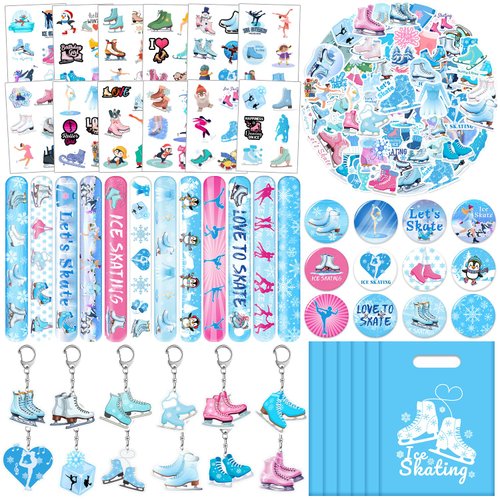 YYMYMGJ 110 PCS Ice Skating Skate Party Favors, Winter Ice Skating Skate Stickers Temporary Tattoos Slap Bracelets Keychains Badges Gift Bags Ice Skating Birthday Party Decorations Supplies for Kids