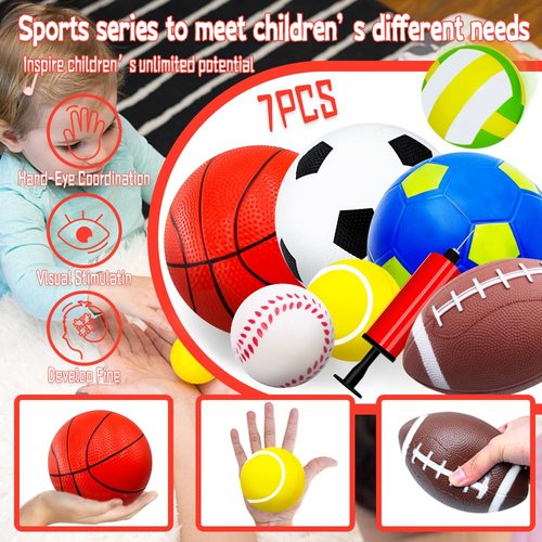 Ladwon Balls for Toddlers 1-3 Balls for Kids, Outdoor Toddler Toys,Toddler Sports Balls Toys,Set of 7 Boys Girls Indoor Outdoor Balls Toys, Baby Soccer Ball Basketball Tennis Ball Rugby Ball Playgroun