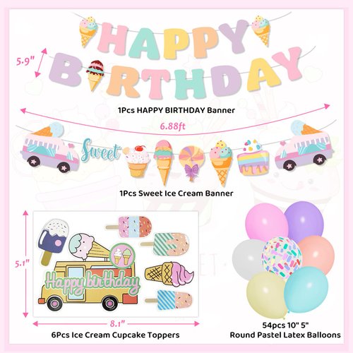 72Pcs Ice Cream Birthday Party Decorations for Girls Kids, Pastel Ice Cream Balloon Garland Arch Kit First Two Sweet Birthday Banner Foil Sprinkle Long Twist Balloons Cupcake Toppers Party Supplies