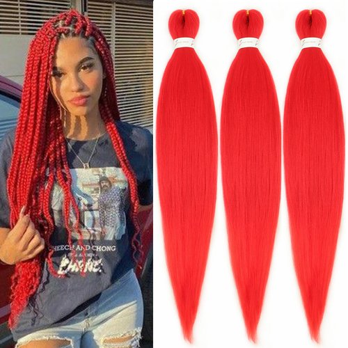 Red Braiding Hair Pre stretched 30 Inch 3 Packs Kanekalon Pre-stretched Braiding Hair EZ Braid Hot Water Setting Soft Yaki Texture Synthetic Hair Extensions for Crochet Box Braids