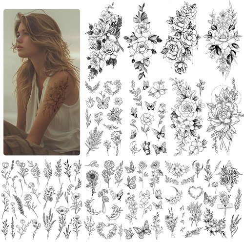 PASTFUN 14 Sheets 3D Realistic Waterproof Sexy Flower Temporary Tattoos For Women Men Adults Girls Arm Neck Thigh,Fake Butterfly,Rose,Daisy,Body Art Sketch Tatoo Sets Kits For Adults