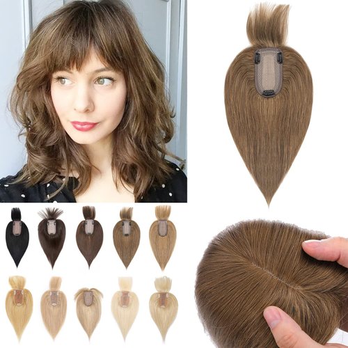 S-noilite 150% Density Human Hair Toppers with Bangs Silk Base Clip in Topper For Women with Thinning Hair Cover Gray Hair Clip on Top Hairpieces For Short Hair 10 Inch 33g #6 Light Brown