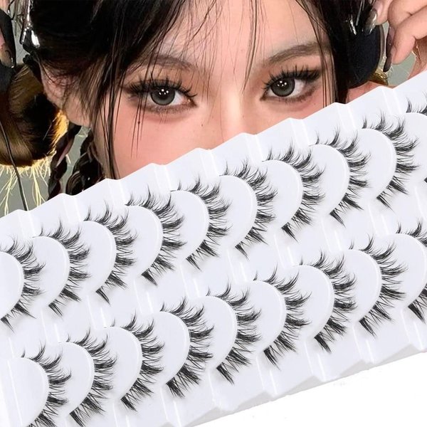 Manga Lashes Natural Look False Eyelashes, Clear Band Wispy Fake Lashes 3D Japanese Cosplay Lashes Asian Korean Eye Lashes Faux Mink Lashes, 10 Pairs