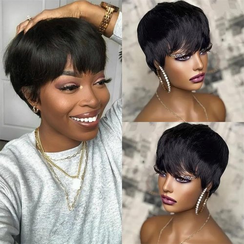 Afinska Pixie Cut Wig With Bangs Human Hair Wigs For Black Women Brazilian Virgin Human Hair Wig Glueless Pixie Wig Layered Wavy Short Hair Wigs Natural Black Wig Short Curly Human Hair Wig