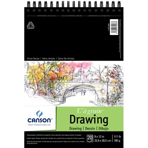 Canson Artist Series C à Grain Drawing Paper, Wirebound Pad, 9x12 inches, 20 Sheets (111lb/180g) - Artist Paper for Adults and Students - Charcoal, Colored Pencil, Ink, Pastel, Marker