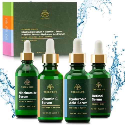 Tree of Life Advanced Regimen - Niacinamide Serum (Refine) + Vitamin C Serum (Brightens) + Retinol Serum (Smooths) + Hyaluronic Acid Serum (Hydrates) - Face Serums - 4ct x 1 Fl Oz