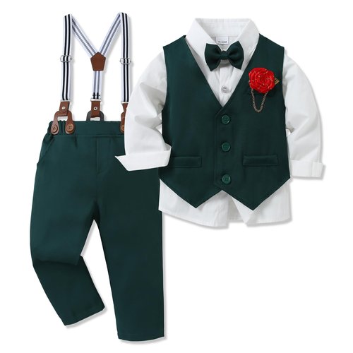 WESIDOM Toddler Baby Boy Clothes Suit Boys Formal Outfits Dress Shirt+Bowtie+Vest+Boutonniere+Pants Set(Green+3-4T)