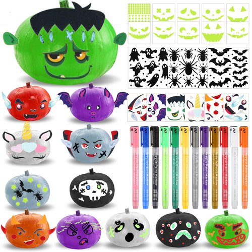 Fulmoon 31 Pcs Halloween Pumpkin Decorating Painting Kit DIY Halloween Painting Crafts Halloween Arts and Craft Party Favor Glowing in The Dark Pumpkin Paint Pumpkin Decor Party Game