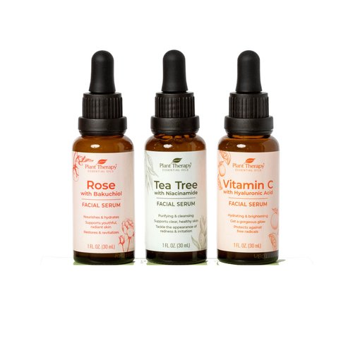 Plant Therapy Facial Serum Trio Set 1 oz each, Vitamin C &amp; Hyaluronic Acid, Rose with Bakuchiol &amp;...