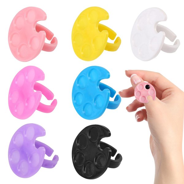 7 Pack Multicolor Mini Nail Art Palette Tools Makeup Mixing Palettes Nail Palette for Nail Art Finger Rings Metal Manicure Palette