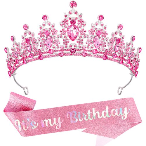 KICOSY It's My Birthday Crown and Sashes for Women Girls, Birthday Crystal Princess Tiara and Sash Set for Girl, Birthday Party Decorations Birthday Headband Gifts Birthday Accessories for Girl