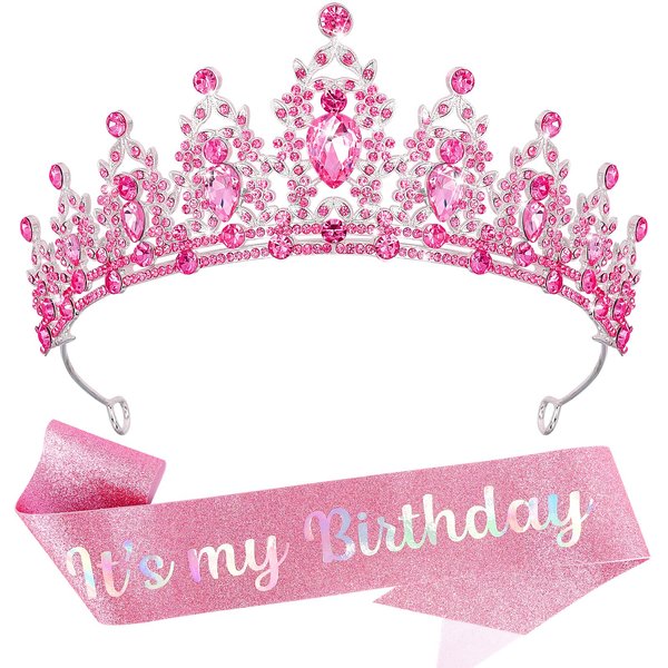 KICOSY It's My Birthday Crown and Sashes for Women Girls, Birthday Crystal Princess Tiara and Sash Set for Girl, Birthday Party Decorations Birthday Headband Gifts Birthday Accessories for Girl