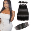 Beauhair Straight Hair Bundles with Closure(12 14 16+12 Closure)100% Brazilian Straight Virgin Hair 3 Bundles with Lace Closure Free Part Human Hair Extensions Natural Black Color