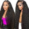 Espive 28 Inch 13x4 Deep Wave Lace Front Wigs Human Hair 180 Density Deep Curly Lace Front Wigs Human Hair Glueless Transparent Lace Frontal Wig for Women Pre Plucked with Baby Hair Natural Black