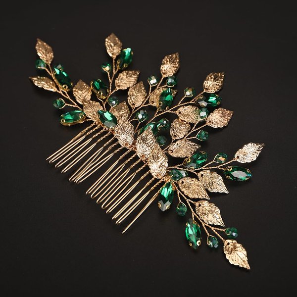 Rumtock Green Crystal Gold Leaf Hair Comb for Women Girls Wedding Bridal Hair Accessories