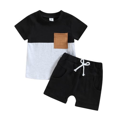 allshope Toddler Baby Boy Summer Clothes Short Sleeve Contrast Color Pocket T-Shirt Tops Solid Color Drawstring Shorts Outfit Set (Black, 18-24 Months)