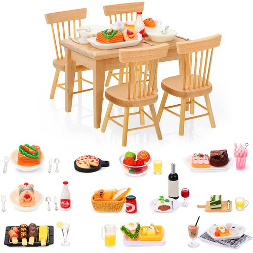 74 Pcs 1:12 Scale Dollhouse Miniature Food with Wooden Dollhouse Furniture of Table and Chair, Dollhouse Kitchen Accessories Sets Include Mini Milk Juice Knife Fork Spoon Dessert Cake BBQ