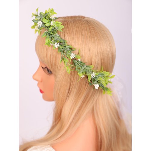 Wiwpar Boho Flower Headband Green Leaf Flower Fairy Wreath Headpiece Adjustable Bridal Flower Garland Headband Ribbon Wreath Christmas Holly Hair for Costume Wedding (Style3)