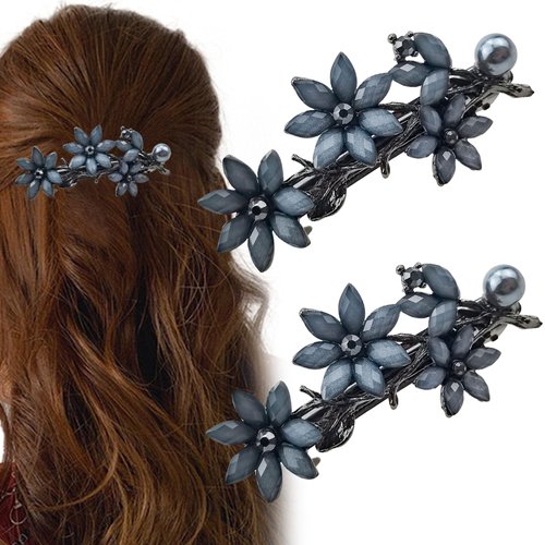 Arvintas 2 Pack Hair Clips, Ink-Blue Vintage Rhinestone Hair Clips Sparkly Crystal Clips Flower Small Hair Barrettes, Fancy Wedding Hair Accessories for Women Girls Bridal