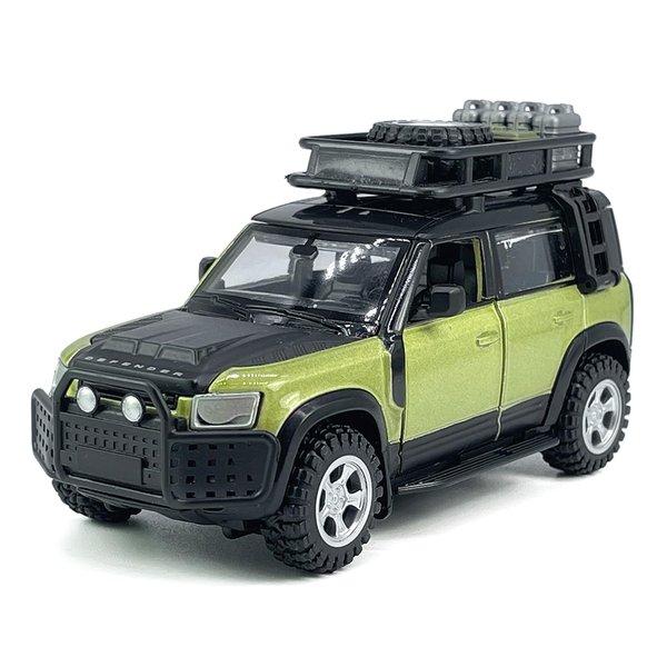 1:43 Scale 2020 Land Rover Defender 110 Model Car Kit Diecast Toy Cars Metal Alloy Vehicles, Parts Changeable, Doors Open, Black Top and Roofrack, Collection for Men, Toys for Boys Kids Gifts, Green