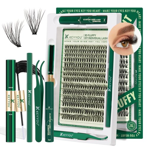 Lash Extension Kit 3D Effect KEYYOU Lash Clusters Kit 280pcs D Curl 9-18MIX Eyelash Extension Kit with Lash Bond and Seal,Tweezers,Remover and Brush for Fluffy(3D-30D-D-9-18MIX)