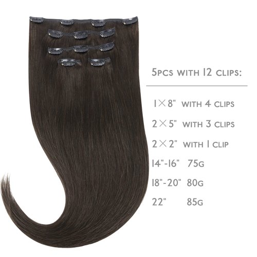 WENNALIFE Clip in Human Hair Extensions 80g 5pcs 20 Inch, Remy Clip in Hair Extensions Real Human Hair Dark Brown Virgin Human Hair Clip Ins Extensiones De Cabello Humano Con Clip