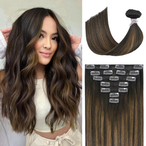 Ukira Clip in Hair Extensions Real Human Hair, 12 Inch 100g 2/6/2 Dark Brown to Chestnut Brown Balayage Hair Extensions Clip In Human Hair, Remy Human Hair Extensions Clip ins for Women