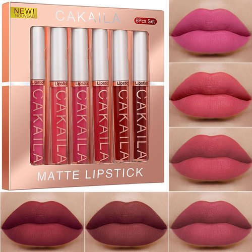 CAKAILA 6Pcs Matte Liquid Lipstick Makeup Set,Pink Nude Burgundy Red Highly Pigmented Color Plumping Lip Gloss Long Lasting Waterproof Lip Stain Lip Gloss for Women Girls labiales matte