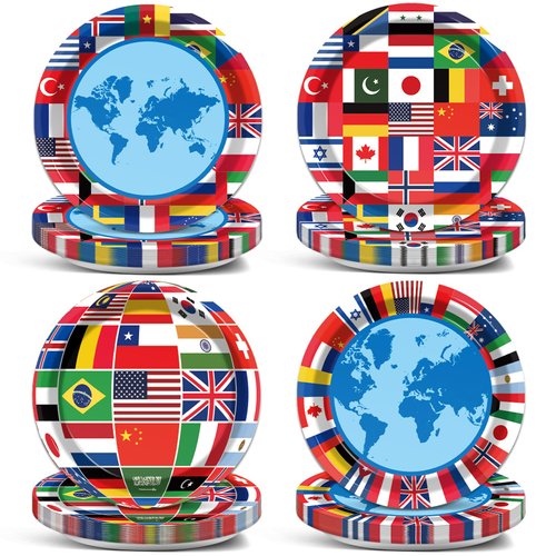 Wiooffen 80Pcs International World Flags Plates Around the World Globe Party Tableware Decorations International Flags 7'' Paper Cake Dessert Dinner Plates for Travel Trip Retirement Party Supplies