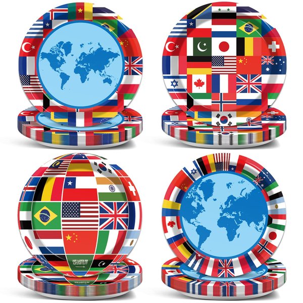 Wiooffen 80Pcs International World Flags Plates Around the World Globe Party Tableware Decorations International Flags 7'' Paper Cake Dessert Dinner Plates for Travel Trip Retirement Party Supplies