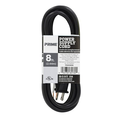 Prime PS005608 8-Feet 16/2 SJT Replacement Power Supply Cord, Black