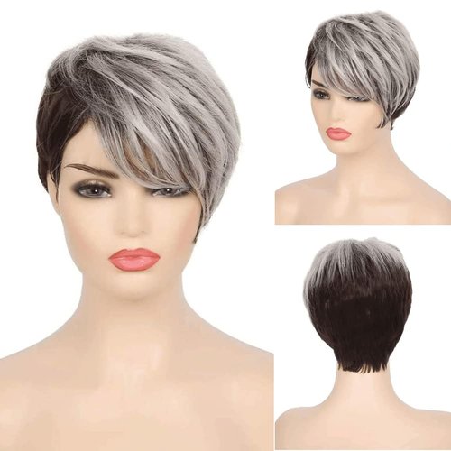 Amnenl Short Grey Mix Brown Womens Wig with Bangs Pixie Cut Layered Fluffy Hair Synthetic Wigs fo...