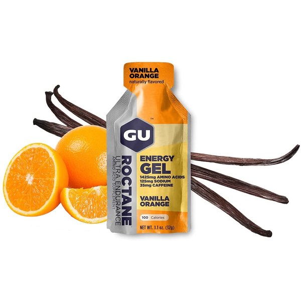 GU Energy Roctane Ultra Endurance Energy Gel, Vegan, Gluten-Free, Kosher, and Dairy-Free On-The-Go Sports Nutrition for Running, Biking, Hiking or Skiing, Vanilla Orange (24 Packets)