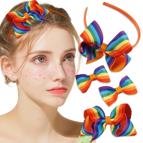 Rainbow Hair Headband Gay Pride Day Bow Hairstyle Hairpin Colors Candy Grosgrain Ribbon Hair Clips Accessories for LGBT Women Girls Party Parades Celebrations Festival Hair Pins Decorations 4 Pcs