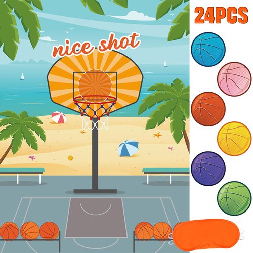 WERNNSAI Basketball Party Games - Pin The Basketball On The Hoop Birthday Games for Kids Basketball Themed Party Decorations Supplies Sports Poster with 24pcs Ball Stickers Basketball Party Favors