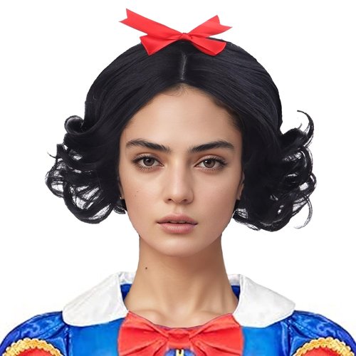 MAGQOO Black Wig for Women Girls Short Black Wig Black Wavy Curly Fluffy Wig with Red Bow Clips Halloween Costume Wigs