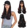 GUOJIAN Baseball Cap with Hair Extensions for Women Adjustable Hat with Synthetic Wavy Wig Attached 18inch Long Body Wave Hair (F1B/wine red, 18Inch)
