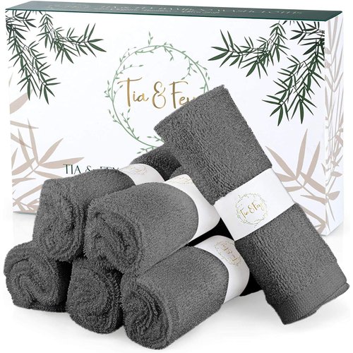 Tia & Fey Face Cloth Made from Bamboo Soft Wash Cloths for face Organic Bamboo Set of 6 Face Towel Gentle on Sensitive Skin Women Makeup Remover Reusable Absorbent Washcloths 10 x 10 Inch (Grey)