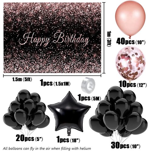 Toylin Rose Gold Black Birthday Decorations, 100 pcs Black Rose Gold Birthday Balloons Photography Backdrop Banner for Boys Girls Men Women Birthday Party Decorations Supplies