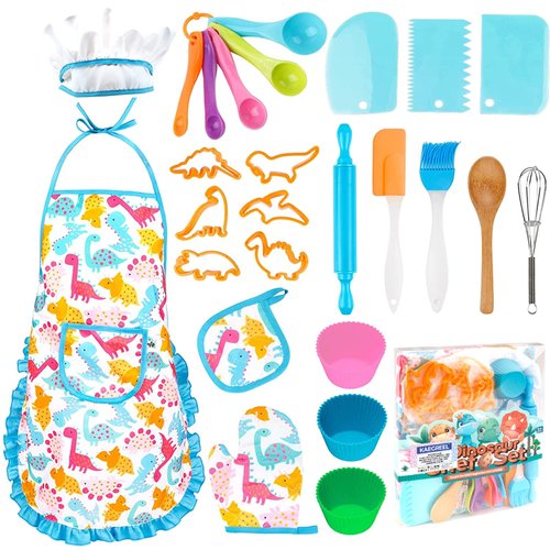KAEGREEL Kids Baking Chef Set, 26Pcs with Dinosaur Apron & Hat Role Play Cooking Chef Cooking Dress Up Toys, Pretend Play Kitchen Toys Gifts for Boys Girls Aged 3-8